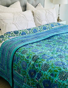 Aqua & Jade Floral Cotton Filled Quilt  ~ King