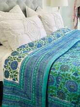 Load image into Gallery viewer, Aqua &amp; Jade Floral Cotton Filled Quilt  ~ King