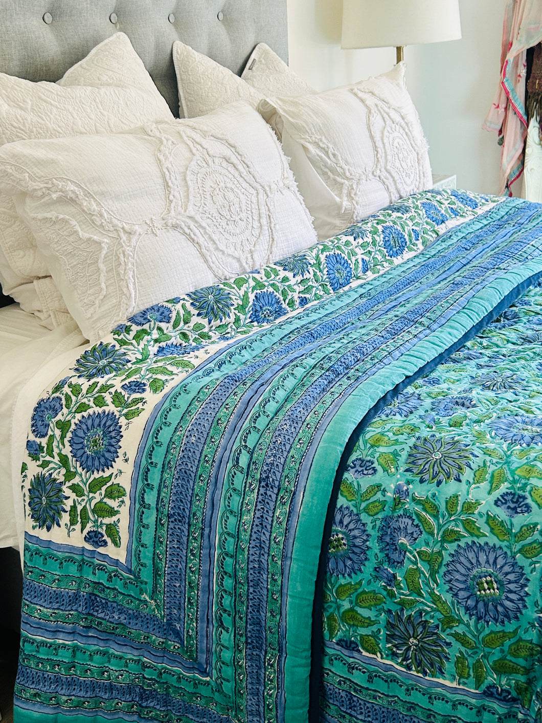 Aqua & Jade Floral Cotton Filled Quilt  ~ King