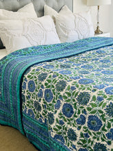 Load image into Gallery viewer, Aqua &amp; Jade Floral Cotton Filled Quilt  ~ King