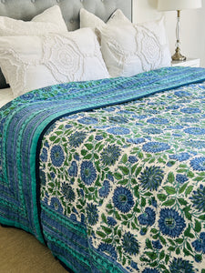Aqua & Jade Floral Cotton Filled Quilt  ~ King