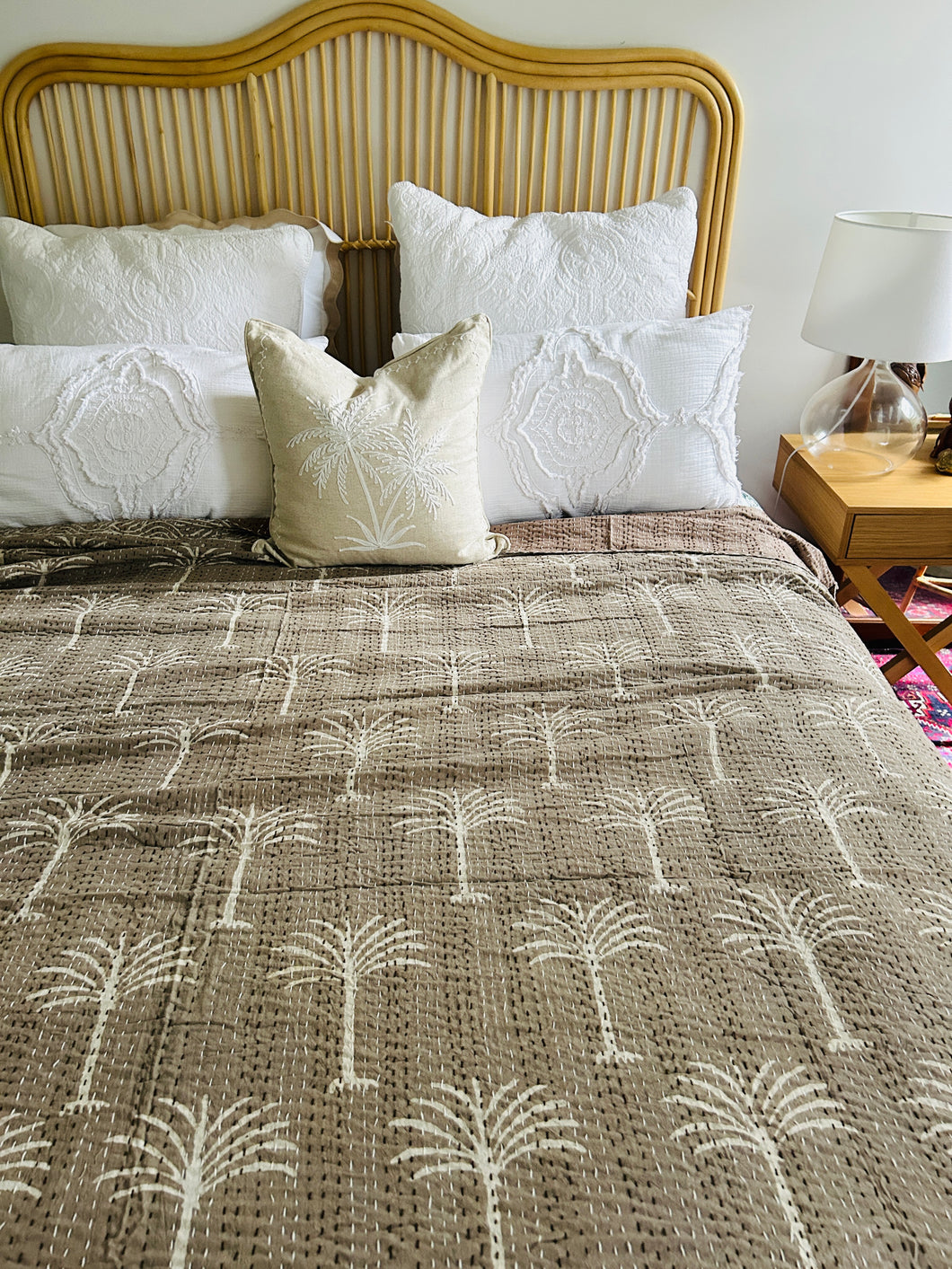 Cinnamon & Cream Palm Kantha Quilt ~ Queen | King