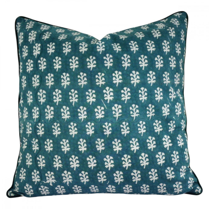 Deep Green Boota  ~ Block Printed Cushion Piped Edges