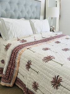 Earth Pink Palm  Cotton Filled Quilt  ~ Queen | King