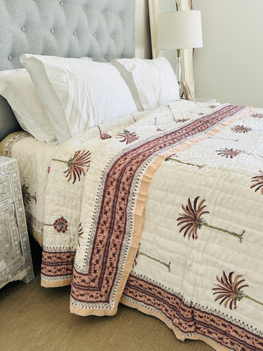 Earth Pink Palm  Cotton Filled Quilt  ~ King