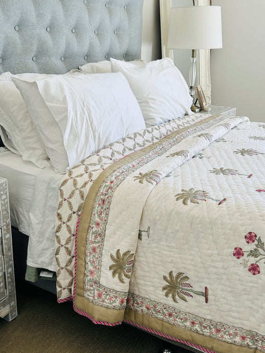 Aadesh Olive Palm Cotton Filled Quilt ~ Queen | King