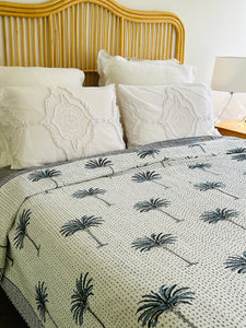 Imperial Dark Blue Palm Kantha Quilt  | Queen ~ King