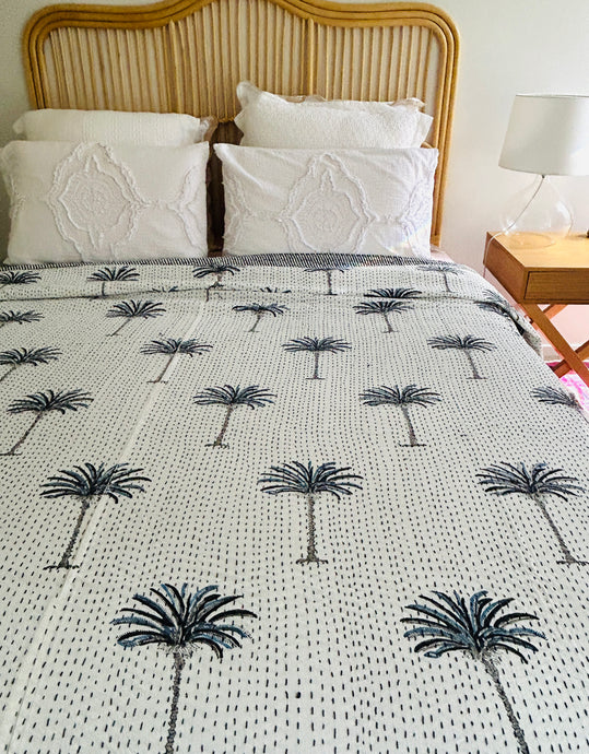 Imperial Dark Blue Palm Kantha Quilt  | Queen ~ King