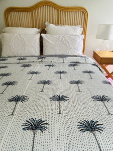 Imperial Dark Blue Palm Kantha Quilt  | Queen ~ King