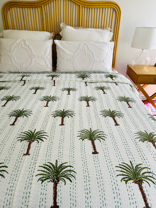 Imperial  Olive Green Palm Kantha Quilt  | Queen ~ King