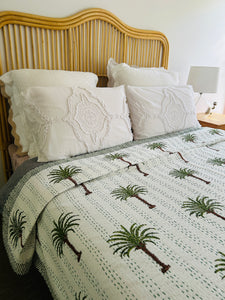 Imperial  Olive Green Palm Kantha Quilt  | Queen ~ King