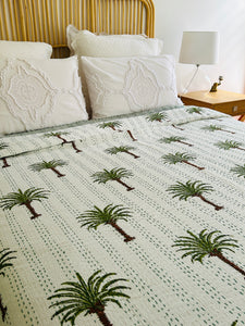 Imperial  Olive Green Palm Kantha Quilt  | Queen ~ King