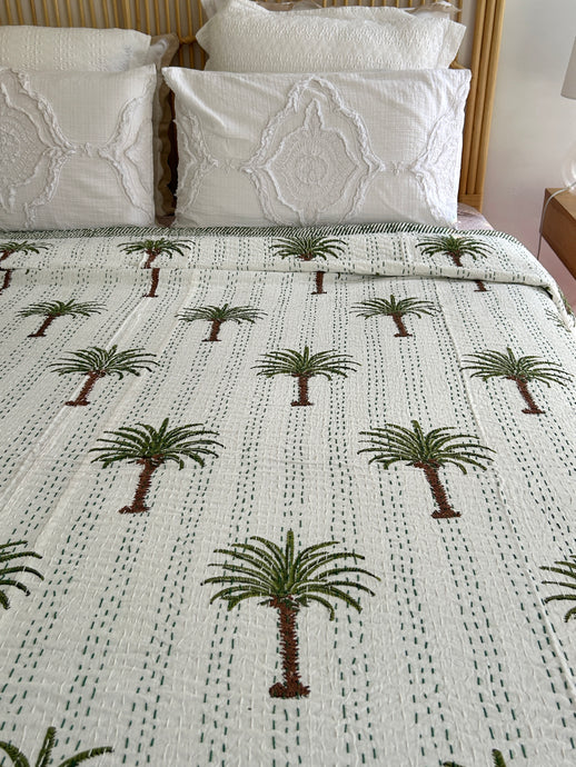 Imperial  Olive Green Palm Kantha Quilt  | Queen ~ King