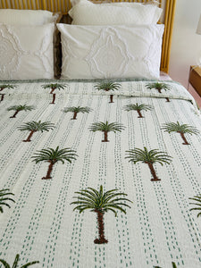 Imperial  Olive Green Palm Kantha Quilt  | Queen ~ King