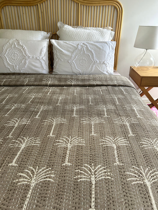 Cinnamon & Cream Palm Kantha Quilt ~ Queen | King