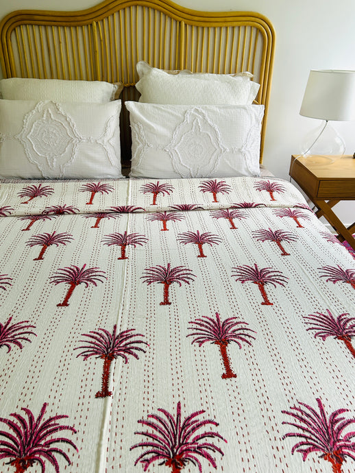 Lush Pink Palm Kantha Quilt  | Queen ~ King