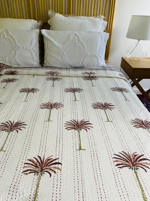 Imperial Earth Pink Palm Kantha Quilt | King ~ Single