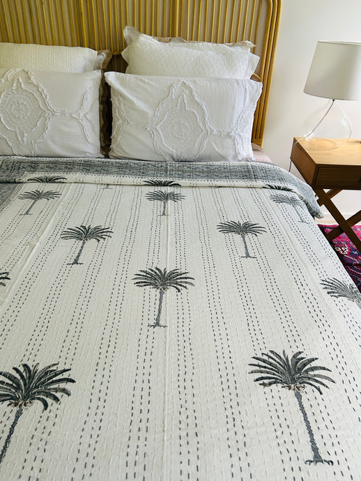 Imperial Grey Palm Kantha Quilt | King ~ Single