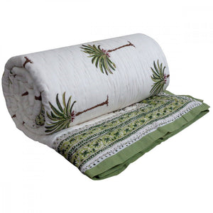 Imperial Green Palm Cotton Filled Quilt  ~ Queen / King