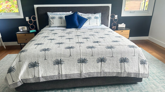 Imperial Dark Blue Palm Kantha Quilt  | Queen ~ King