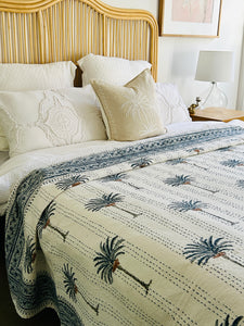 Imperial Blue Palm Kantha Quilt | Super King