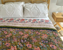 Load image into Gallery viewer, Olive Green Hibiscus Cotton Filled Quilt  ~ Queen / King (Limited Edition)