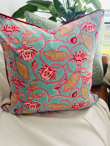 Aqua & Pink Lotus ~ Block Printed Cushion Piped Edges