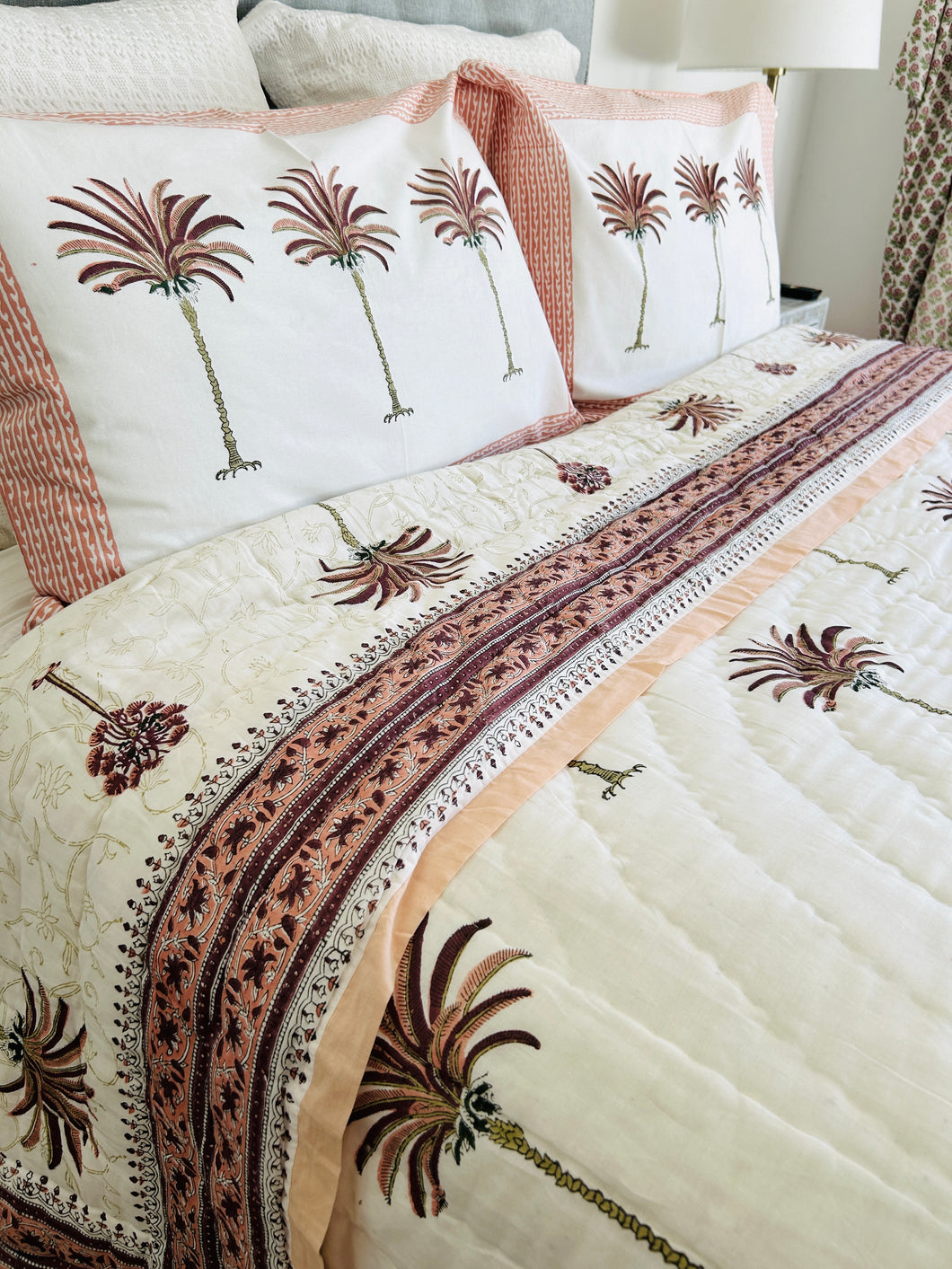 Earth Pink Palm  Cotton Filled Quilt  ~ Queen | King  & King