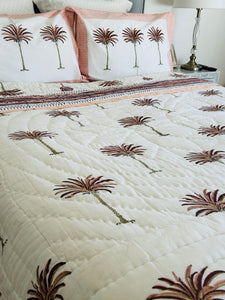 Earth Pink Palm  Cotton Filled Quilt  ~ Queen | King  & King