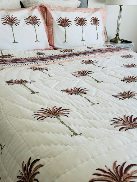 Earth Pink Palm  Cotton Filled Quilt  ~ Queen | King