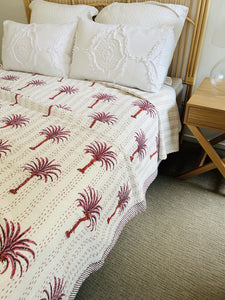 Lush Pink Palm Kantha Quilt  | Queen ~ King
