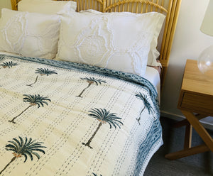 Blue Imperial Palm Kantha Quilt | King ~ Single