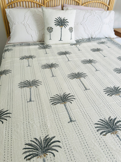 Imperial Grey Palm Kantha Quilt | King ~ Single
