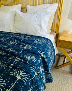 Indigo Imperial Palm Kantha Quilt ~ Queen | King