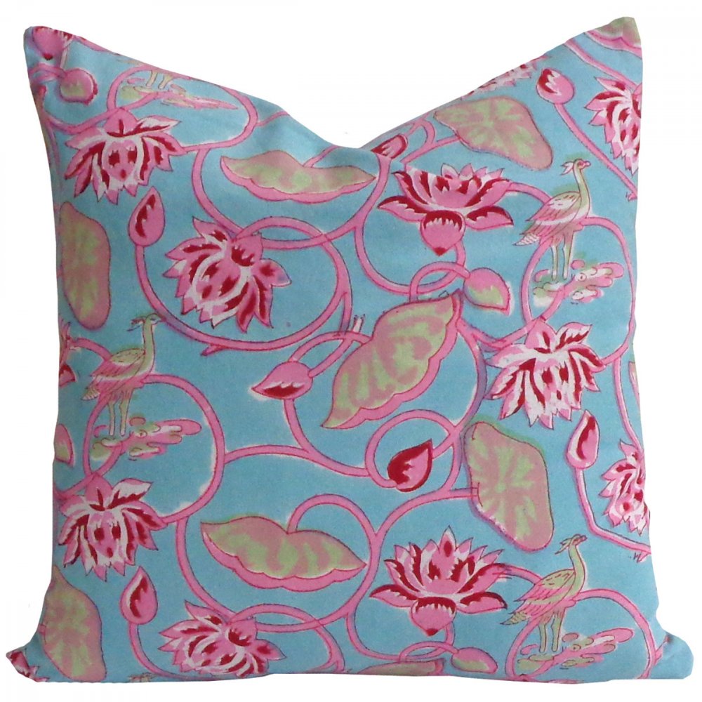 Aqua & Pink Lotus ~ Block Printed Cushion Piped Edges