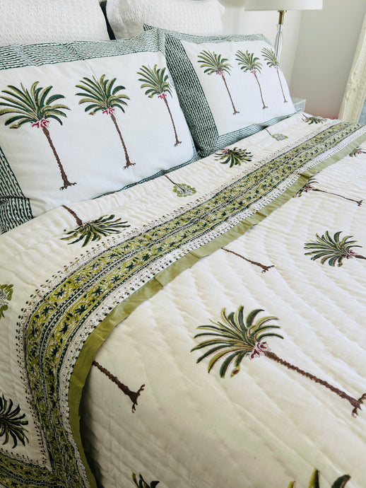 Imperial Green Palm Cotton Filled Quilt  ~ Queen / King