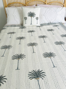 Imperial Grey Palm Kantha Quilt | King ~ Single