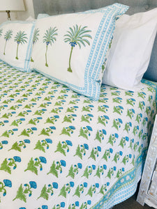 Summer Bedcover Set ~ Sea Blue  Palm & Flower (DOUBLE | QUEEN)