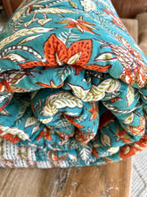 Load image into Gallery viewer, Jade Green &amp; Red Hibiscus Cotton Filled Quilt  ~ King