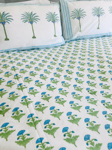 Summer Bedcover Set ~ Sea Blue  Palm & Flower (DOUBLE | QUEEN)