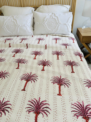Lush Pink Palm Kantha Quilt  | Queen ~ King