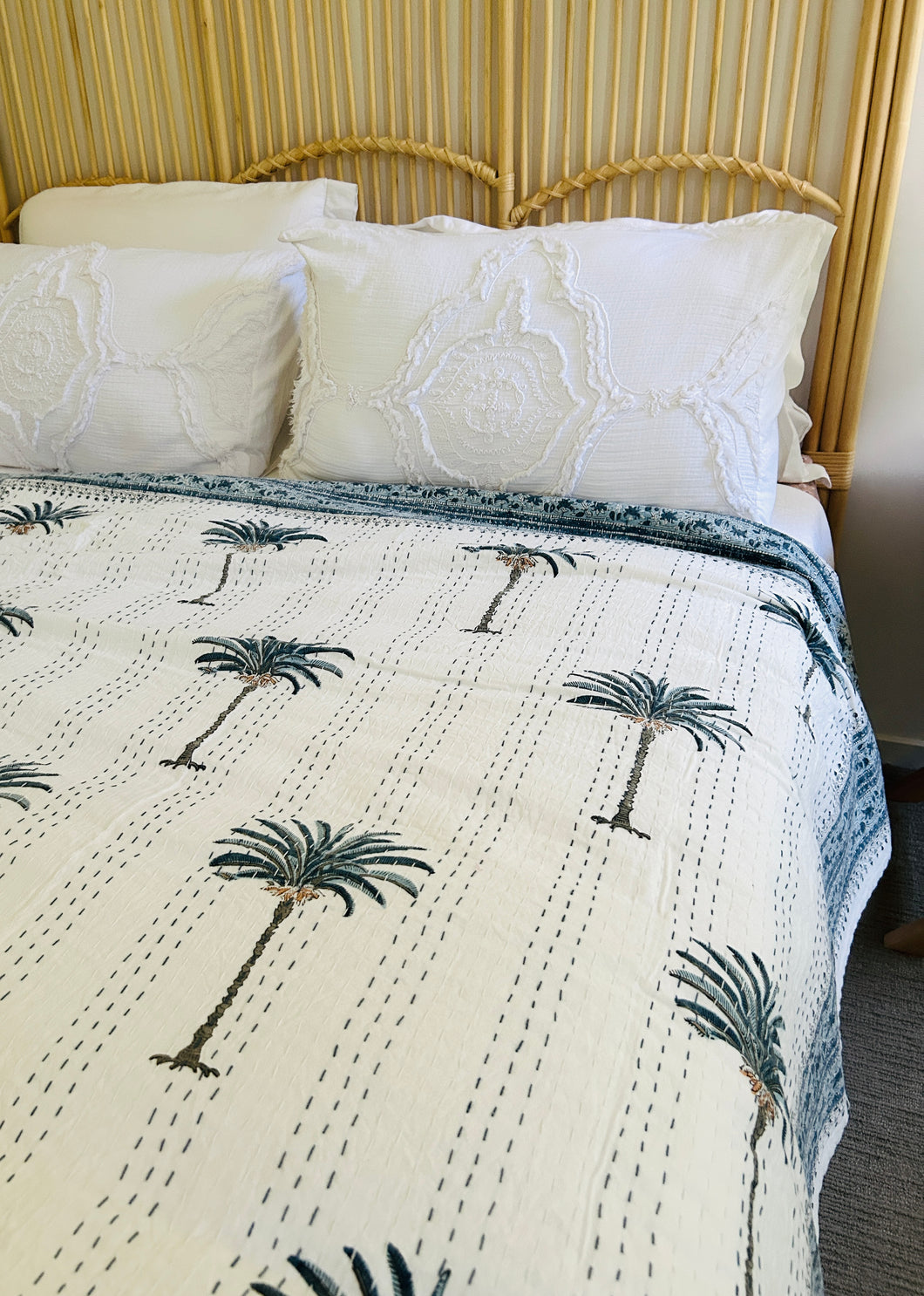 Imperial Blue Palm Kantha Quilt | Super King