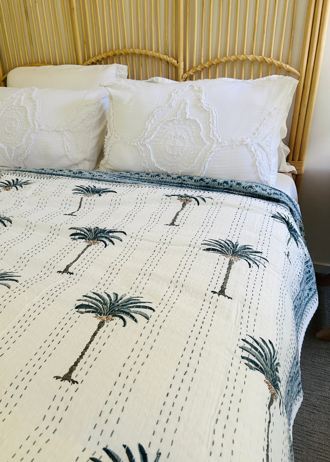 Blue Imperial Palm Kantha Quilt | King ~ Single