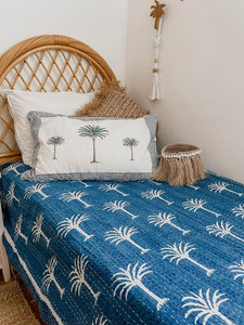 Indigo Imperial Palm Kantha Quilt ~ Queen | King