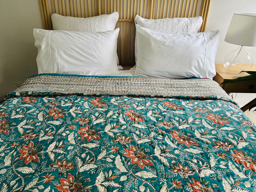 Jade Green & Red Hibiscus Cotton Filled Quilt  ~ King