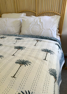 Blue Imperial Palm Kantha Quilt | King ~ Single