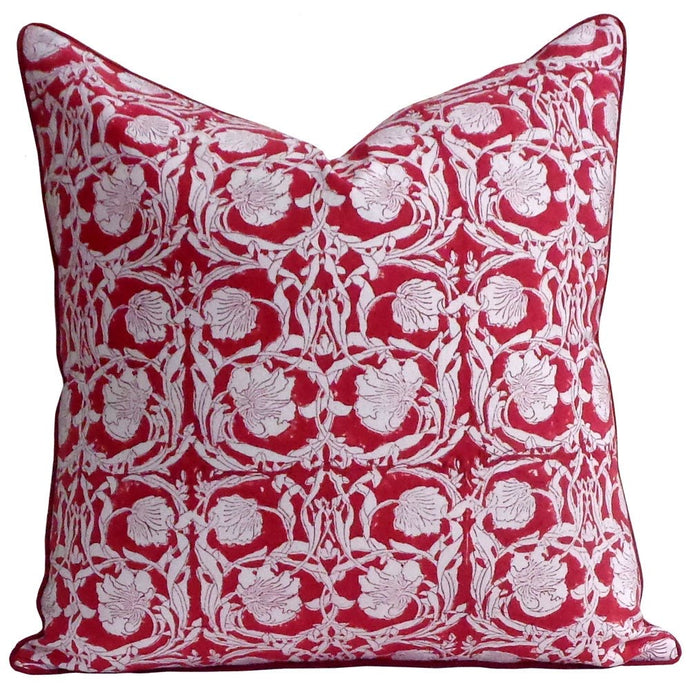 Red Lotus ~ Block Printed Cushion Piped Edges