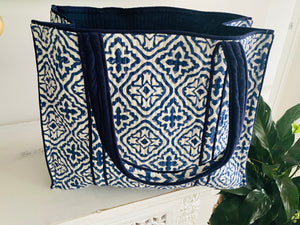 Quilted Tote Bag ~ Akash in Navy Print