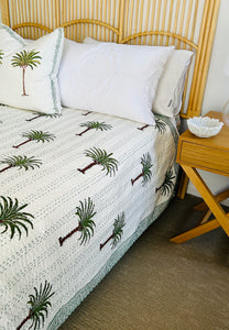 Imperial Olive Green Palm Kantha Quilt  | Queen ~ King