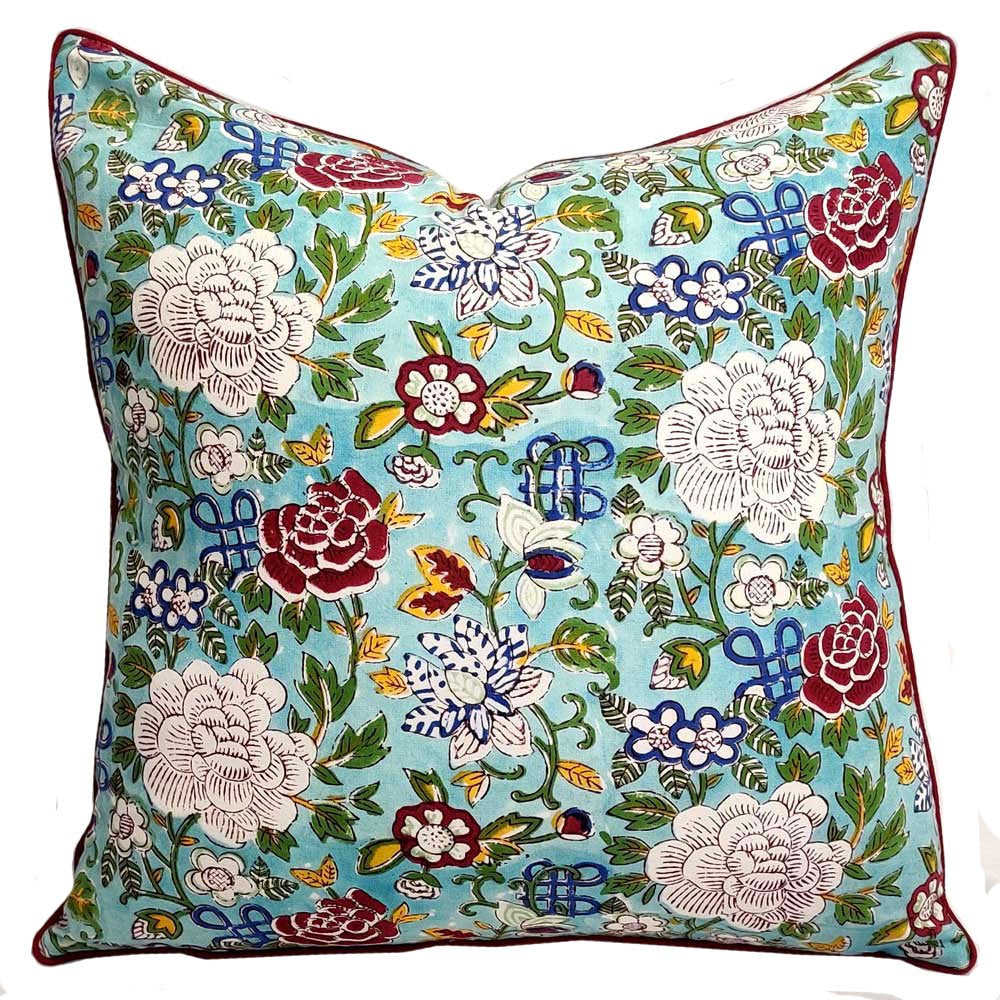 Floral Jade  ~ Block Printed Cushion Piped Edges